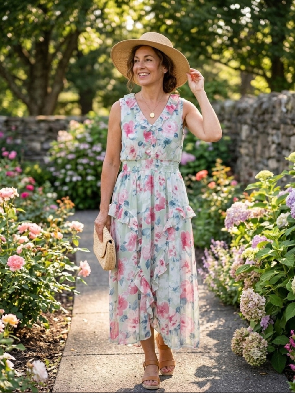 Leslie Fay Green Floral Ruffle Midi Dress Size 8